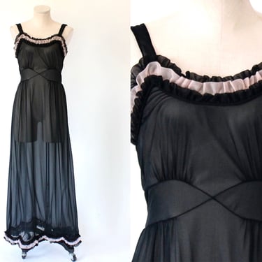 1950s Ruffled Chiffon Nightgown - 50s Vintage Sheer Black and Pink Full Length Empire Waist Gown - XS 