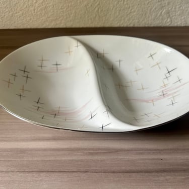 Vintage Mid century Atomic Starlite Sango Porcelain Divided Oval Serving Dish 