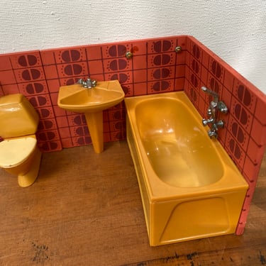 Retro Lundby Dollhouse Bathroom Set, Gold And Rust, Mid Century Modern Dollhouse Furniture 