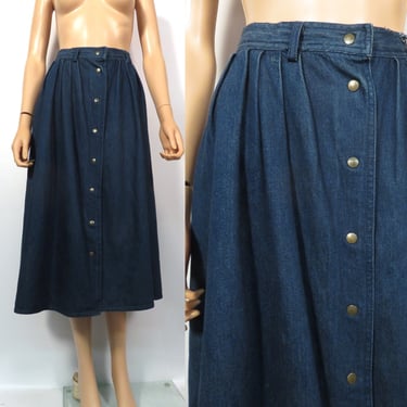Vintage 80s Gloria Vanderbilt High Waist Dark Wash Denim Snap Button Pleated Full Midi Skirt With Belt Loops And Pockets Size 28 Waist 
