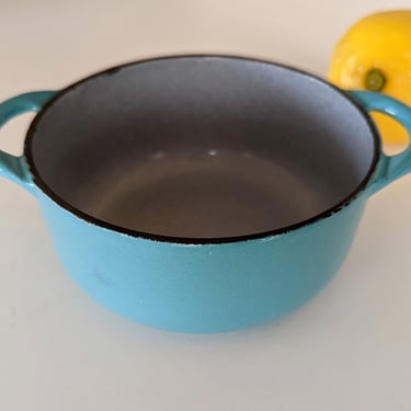 Vintage Modern Small Turquoise Cast Iron Enamel Pot 