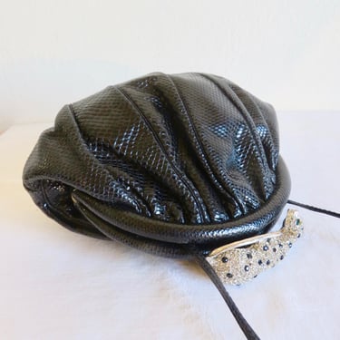 1980's Black Snakeskin Leather Purse Clutch Scallop Shape Silver Metal and Rhinestone Leopard Cheetah Clasp Formal Evening Party Bags Sharif 