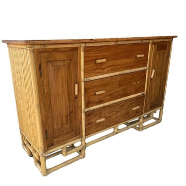 Restored Vertically Stacked Rattan Sideboard W/ Mahogany Top 