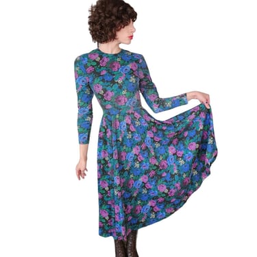 Vintage 80s Floral Print Dress Drop Waist Long Sleeves Express 