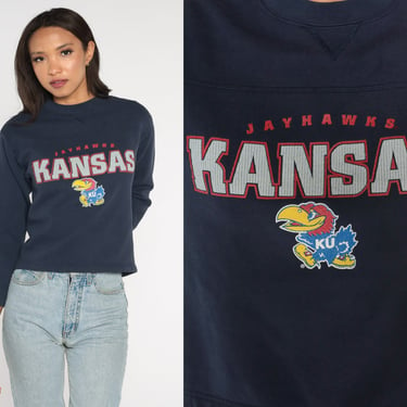 Kansas Jayhawks Sweatshirt Y2k University Football Shirt NCAA Graphic Pullover Crewneck Sports Navy Blue Vintage 00s Extra Small xs 