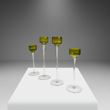 Set of Four (4) Italian Modern Elongated Blown Glass Two-Tone Candlestick Holders, Italy, c. 1970's 