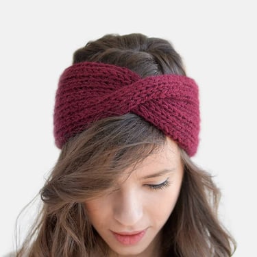 Hand Knit Turban in Burgundy, Wool Winter Headband, Extra Chunky Turband, Womens Ear Warmer, Custom Color Turban 