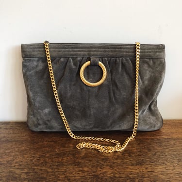Vintage Morris Moskowitz Grey Suede Clutch with Gold Chain 