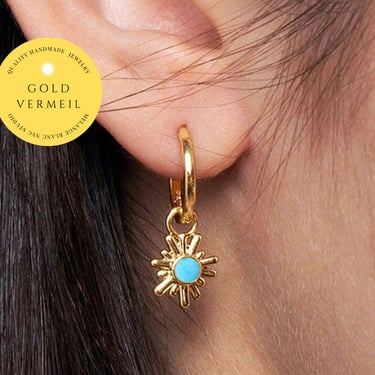 E064 18k gold vermeil sun burst turquoise hoop earring, star burst hoop earring, gold sun turquoise huggie earring, turquoise sun earring 