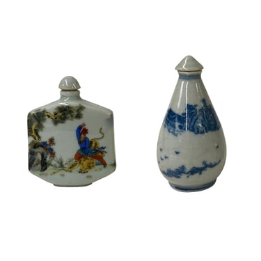 2 x Chinese Porcelain Snuff Bottle Blue White Color Scenery Graphic ws2457E 