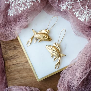 gold koi fish earrings, pisces charm earrings, vintage brass earrings, bohemian nature zodiac gift for her, statement earrings 