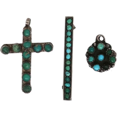 1920's Vintage Native American Silver, Turquoise Pendants and Bar Pin (3 Pieces) 