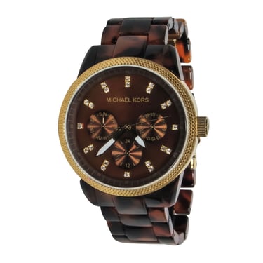 Michael Kors - Brown Tortoise Shell Lucite Chainlink Watch w/ Jeweled Face