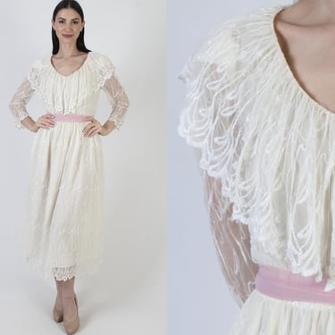 Victorian Wedding Dress, Cream Floral Embroidered Lace, Long Bridal Maxi Gown 