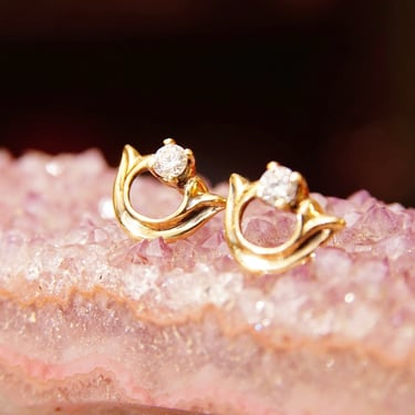 Vintage Embellished 14K Gold Brilliant Diamond Stud Earrings, .17CT Prong-Set Diamond, Yellow Gold Half-Circle Accent, Elegant 585 Studs 