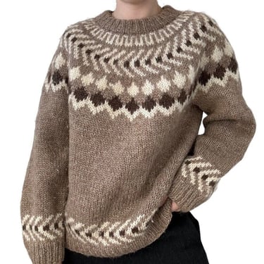 Vintage Hand Knit Brown 100% Wool Fair Isle Icelandic Chunky Sweater Sz XL 