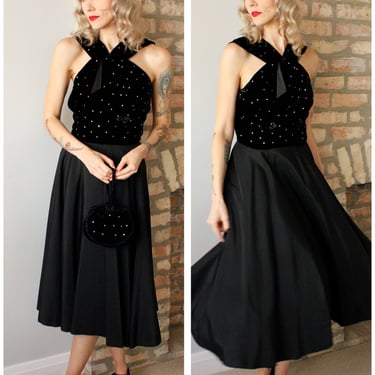 1940s Black Velvet & Taffeta Rhinestone party Dress 