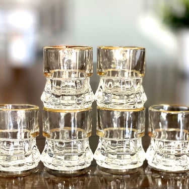 VINTAGE: 6pcs - Mini Mug Shot Glasses with Gold Rim - Barware - Toothpick - Holder - Miniature Vase - Liquor - SKU 00035230 