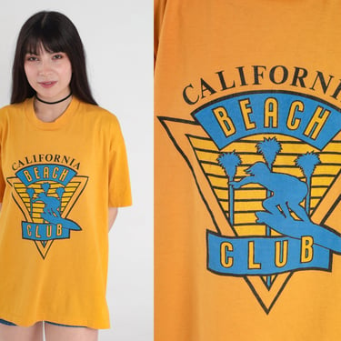 California Beach Club Shirt 80s Graphic Tee Retro Surfer T-Shirt Tourist Travel TShirt Surf Top Single Stitch Yellow Vintage 1980s Large L 