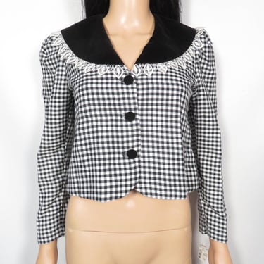 Vintage 90s Deadstock Velvet Bib Collar Gingham Crop Top Size S 