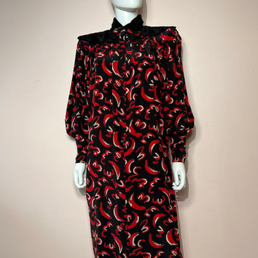 Vtg 1980s Ungaro Black and Red Silk and Velvet Midi Dress 