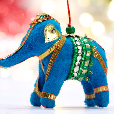 VINTAGE: India Folk Art Fabric Elephant Ornament - Aqua Blue Elephant - Colorful Dangle - Handmade - Good Luck - SKU 