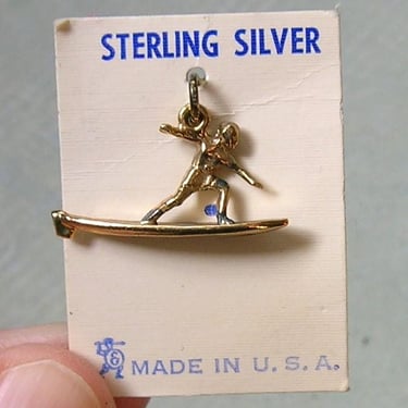 Vintage Sterling Vermeil Surfer Charm, Vintage Sterling Man on Surfboard Charm, Vintage Sterling Surfer Charm on Original Card (#4567) 