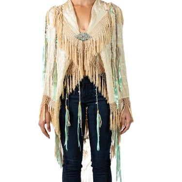 Morphew Collection Cream Hand Embroidered Silk Fringed Shawl 