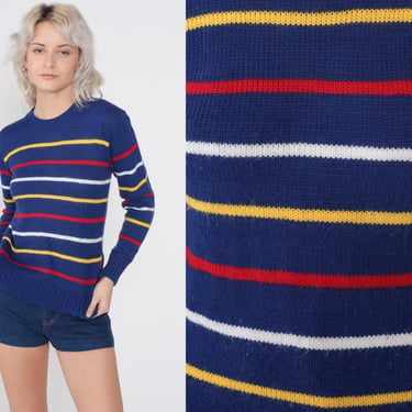 Blue Striped Sweater 80s Pullover Knit Sweater Retro Crewneck Jumper White Yellow Red Basic Acrylic Vintage 1980s Headliner Extra Small xs 