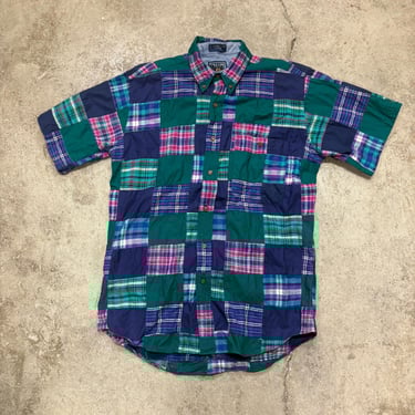 Vintage Ralph Lauren Patchwork Madras Button Down Short Sleeve Shirt Men’s Medium 