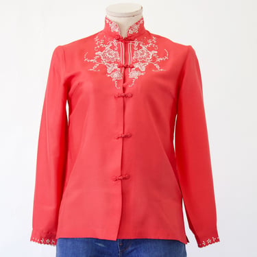 Vintage Hand Embroidered Coral Chinese Silk Mandarin Collar Blouse with Frog Button Closures - Small 