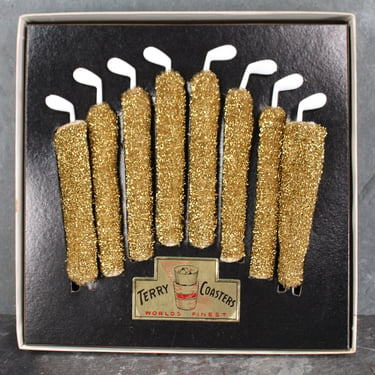 d Set of 8 Vintage Terry Cloth Novelty Coasters With Golf Club Stirrers | Sparkly Gold Mid Century Coasters 