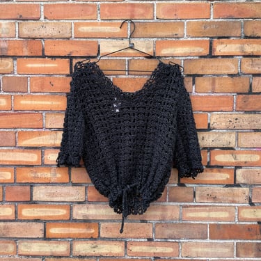 vintage 70s black metallic crochet open knit blouse / os one size 