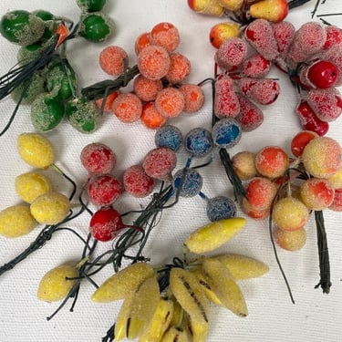 Vintage Millinary Sugared Fruit Sprays, Made In Japan, Lot Of Mini Fruits, Banana, Oranges, Peaches, Limes 