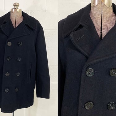 Vintage Wool Winter Coat Peacoat Hipster 1950s USN Naval Wool Double Breasted Jacket Outdoor Navy Blue Pea Coat 50s Large 