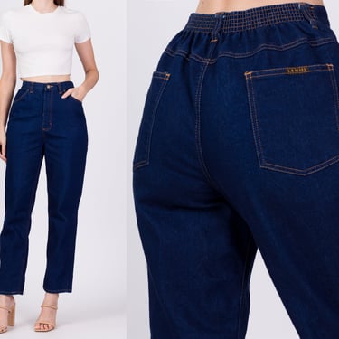 80s Dark Wash Elastic Waist Mom Jeans - Small | Vintage High Waisted Denim Curvy Fit Tapered Leg Jeans 