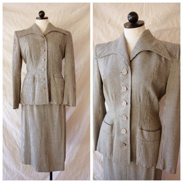 40s Wool Tweed Skirt Suit Blazer with Statement Collar Size M 