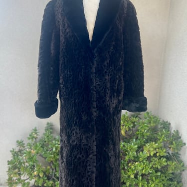 Vintage faux fur long coat texture black & brown Sz S/M by Charles Klein. 