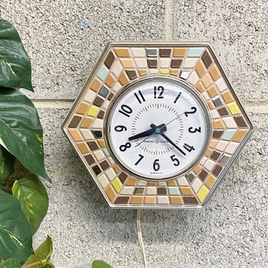 Vintage Wall Clock Retro 1970s Mid Century Modern + General Electric + Hexagon Shape + Metal Tile + Pastel + 8 Inch + Time + Wall Decor 