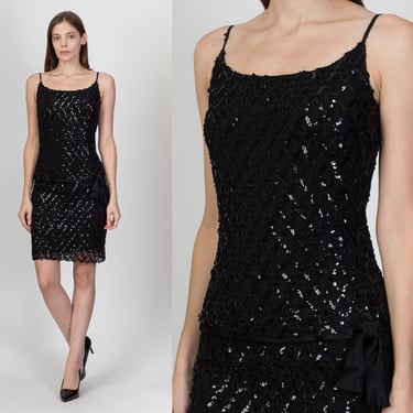 60s Ricano Knit Black Sequin Mini Dress - Extra Small | Vintage Tiered Crochet Spaghetti Strap Cocktail Party Dress 