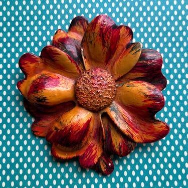 statement flower brooch 1960s lacquer big orange and red flower pin 