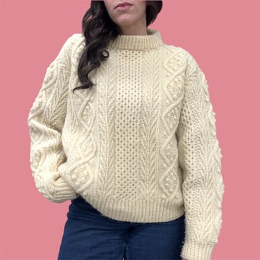 Vintage Fisherman Sweater Retro 1980s Hand Knit + Pure Wool + No Size + Bobble + Popcorn + Ivory + Cream + Cable Knit + Womens Apparel 