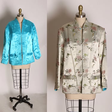 1960s Turquoise Blue and Silver Gray Green Long Sleeve Two Way Reversible Satin Jacket -L 