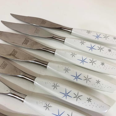 Vintage Set of 8 Steak Knives Mode Sheffield England Danish Modern Stainless Atomic Starburst Mid-Century Stainless Steel 1950s 1960s 