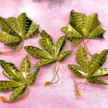 VINTAGE: 5pcs - Solid Brass Christmas Ornaments - Winter Leaves - Atum Leaves - Gift Tags - India 