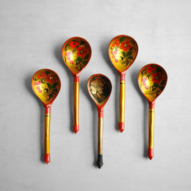 Vintage Khokhloma Hand Painted Spoon Set, Folk Art Wooden Christmas Spoons 