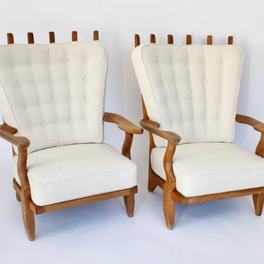 Guillerme et Chambron Pair of French Natural Oak Grand Repos Lounge Chairs Votre Maison