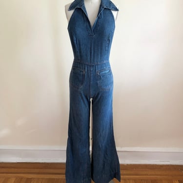 Denim Halter Jumpsuit with Wide Collar and Bell Bottoms - 1970s 