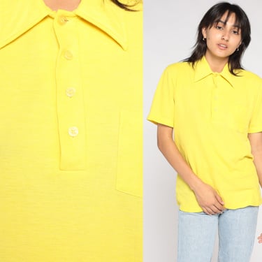 Bright Yellow Shirt 70s Polo Shirt Retro Half Button Up Dagger Collared Short Sleeve Shirt Plain Preppy Disco Top Vintage 1970s Mens Medium 
