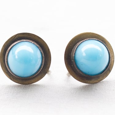 Mid century light blue round screw back earrings 